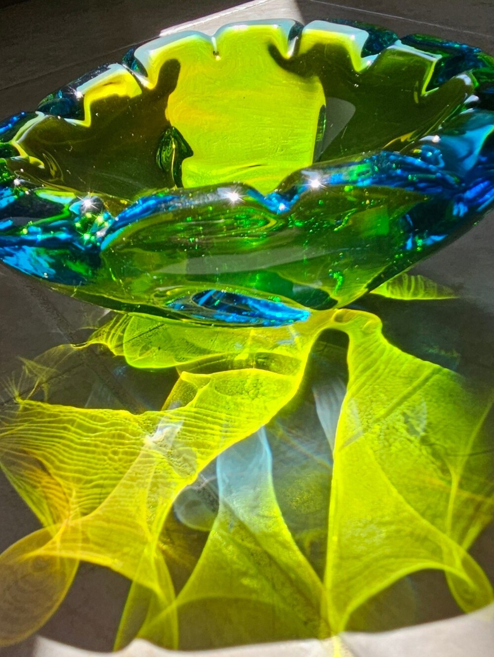 Vintage 1960s Italian Murano Art Glass Bowl Blue Chartreuse Green